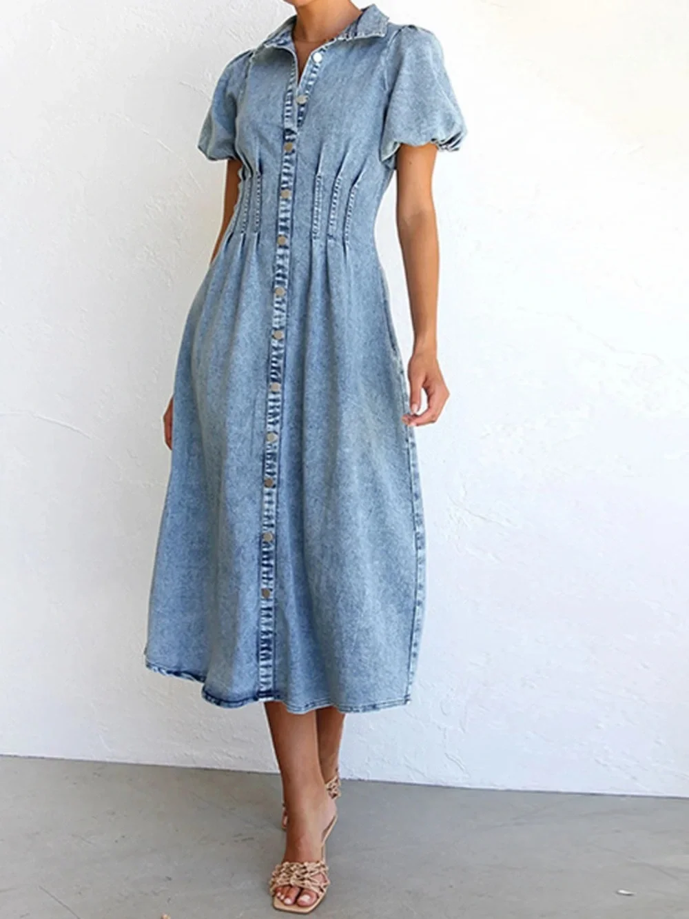 🩵 Puff Sleeve Button Front Denim Midi Dress Light Blue - Picture 2 of 9